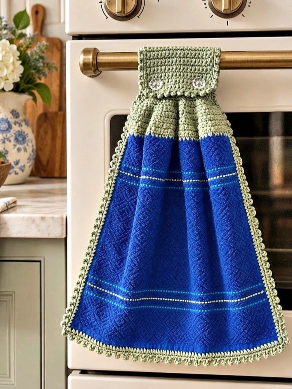 Artisan Handmade Crochet Hanging Kitchen Towel Cobalt Blue Light Sage